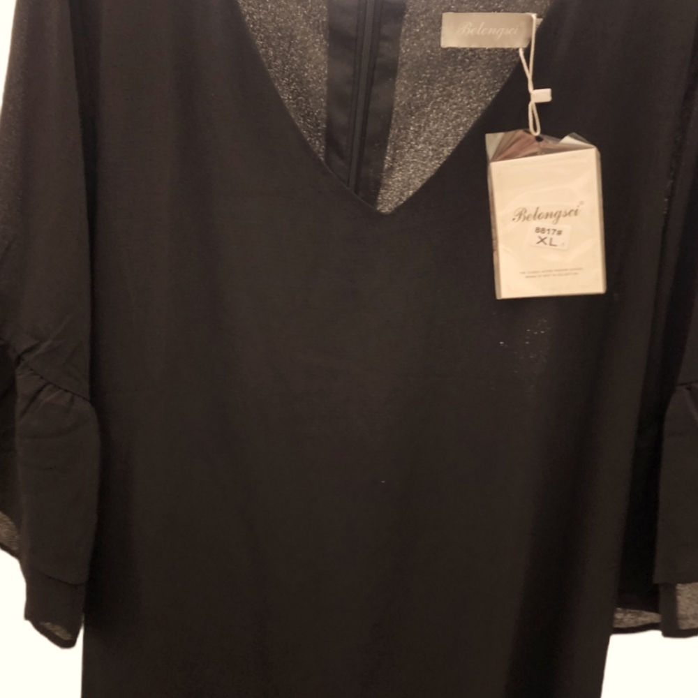 BELONGSCI Women's V-Neck Bell Sleeve Shift Dress,Black Size XL. NEW WITH TAGS